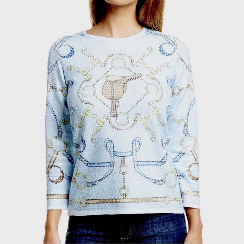 . MCLAUGHLIN ☆ Corali Sequin Sweater Top ☆ Blue Equestrian Pattern